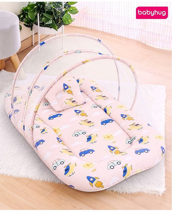 Babyhug Premium 100% Cotton Mattress Set with Mosquito Net & Pillow  Transport Print Blue| Soft Cushioned Bedding | 0-12 Months| New Born Essential| Easy Zipper Closure| Foldable & Travel-Friendly