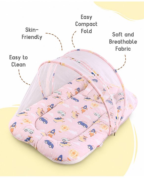 Babyhug Premium 100% Cotton Mattress Set with Mosquito Net & Pillow  Transport Print Blue| Soft Cushioned Bedding | 0-12 Months| New Born Essential| Easy Zipper Closure| Foldable & Travel-Friendly