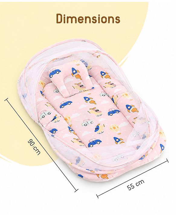 Babyhug Premium 100% Cotton Mattress Set with Mosquito Net & Pillow  Transport Print Blue| Soft Cushioned Bedding | 0-12 Months| New Born Essential| Easy Zipper Closure| Foldable & Travel-Friendly