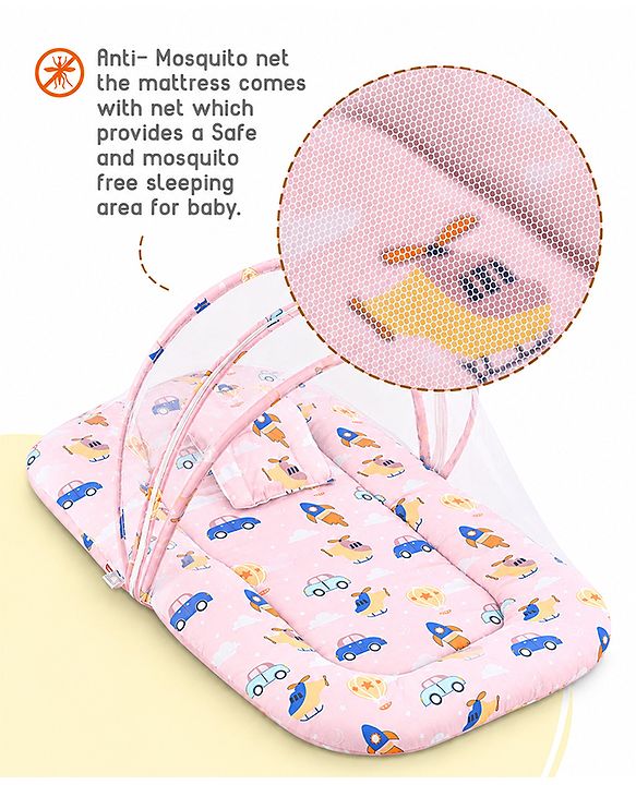 Babyhug Premium 100% Cotton Mattress Set with Mosquito Net & Pillow  Transport Print Blue| Soft Cushioned Bedding | 0-12 Months| New Born Essential| Easy Zipper Closure| Foldable & Travel-Friendly