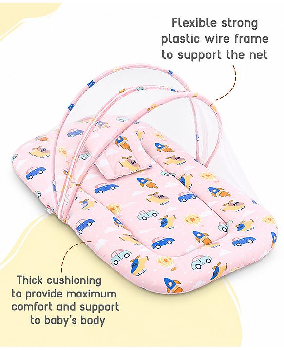 Babyhug Premium 100% Cotton Mattress Set with Mosquito Net & Pillow  Transport Print Blue| Soft Cushioned Bedding | 0-12 Months| New Born Essential| Easy Zipper Closure| Foldable & Travel-Friendly