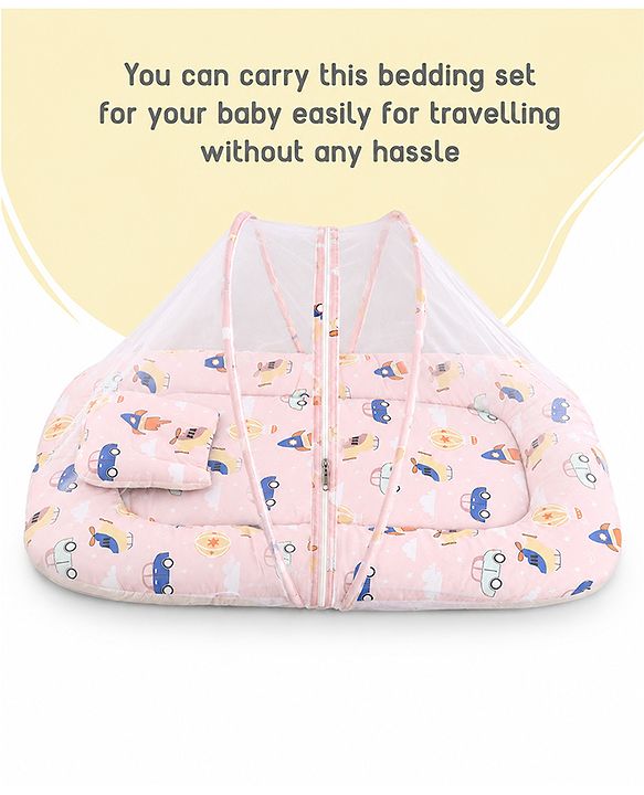 Babyhug Premium 100% Cotton Mattress Set with Mosquito Net & Pillow  Transport Print Blue| Soft Cushioned Bedding | 0-12 Months| New Born Essential| Easy Zipper Closure| Foldable & Travel-Friendly