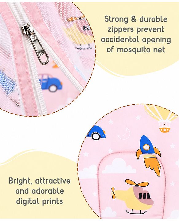 Babyhug Premium 100% Cotton Mattress Set with Mosquito Net & Pillow  Transport Print Blue| Soft Cushioned Bedding | 0-12 Months| New Born Essential| Easy Zipper Closure| Foldable & Travel-Friendly