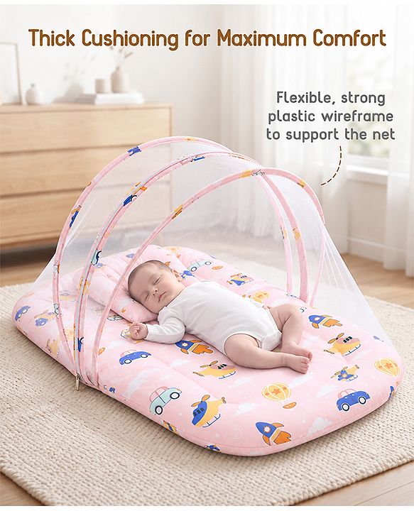 Babyhug Premium 100% Cotton Mattress Set with Mosquito Net & Pillow  Transport Print Blue| Soft Cushioned Bedding | 0-12 Months| New Born Essential| Easy Zipper Closure| Foldable & Travel-Friendly