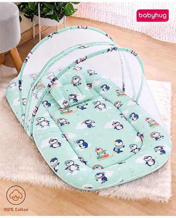 Babyhug Premium 100% Cotton Mattress Set with Mosquito Net & Pillow  Transport Print Blue| Soft Cushioned Bedding | 0-12 Months| New Born Essential| Easy Zipper Closure| Foldable & Travel-Friendly