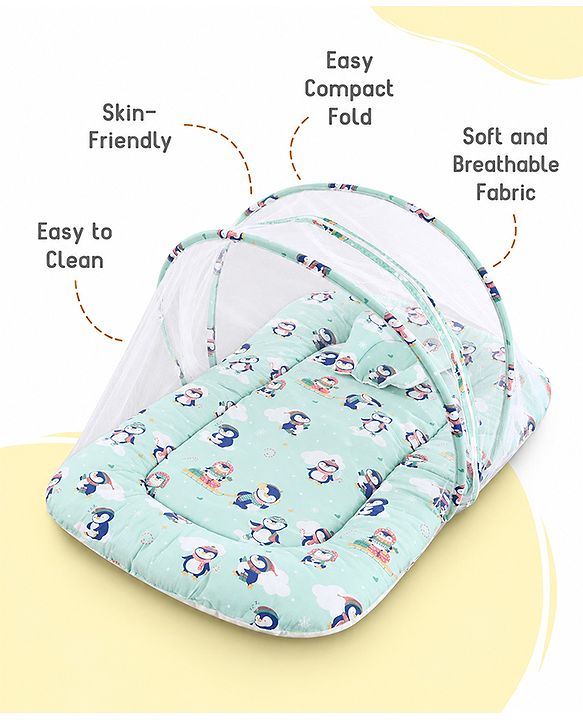 Babyhug Premium 100% Cotton Mattress Set with Mosquito Net & Pillow  Transport Print Blue| Soft Cushioned Bedding | 0-12 Months| New Born Essential| Easy Zipper Closure| Foldable & Travel-Friendly