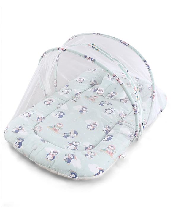 Babyhug Premium 100% Cotton Mattress Set with Mosquito Net & Pillow  Transport Print Blue| Soft Cushioned Bedding | 0-12 Months| New Born Essential| Easy Zipper Closure| Foldable & Travel-Friendly