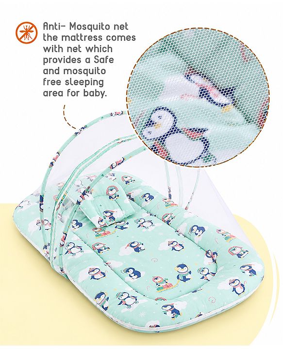 Babyhug Premium 100% Cotton Mattress Set with Mosquito Net & Pillow  Transport Print Blue| Soft Cushioned Bedding | 0-12 Months| New Born Essential| Easy Zipper Closure| Foldable & Travel-Friendly
