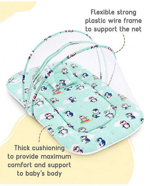 Babyhug Premium 100% Cotton Mattress Set with Mosquito Net & Pillow  Transport Print Blue| Soft Cushioned Bedding | 0-12 Months| New Born Essential| Easy Zipper Closure| Foldable & Travel-Friendly