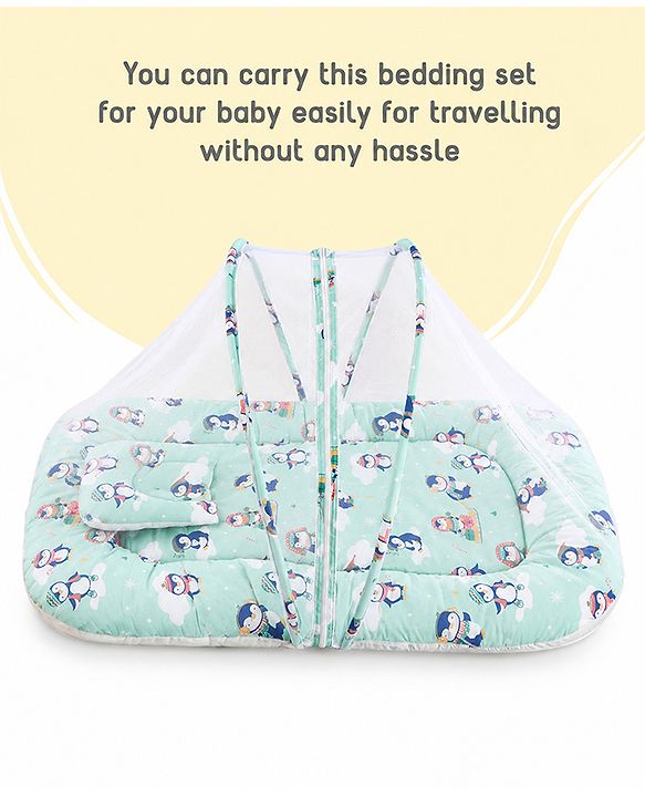 Babyhug Premium 100% Cotton Mattress Set with Mosquito Net & Pillow  Transport Print Blue| Soft Cushioned Bedding | 0-12 Months| New Born Essential| Easy Zipper Closure| Foldable & Travel-Friendly