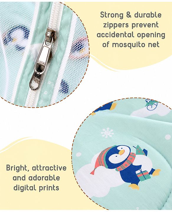 Babyhug Premium 100% Cotton Mattress Set with Mosquito Net & Pillow  Transport Print Blue| Soft Cushioned Bedding | 0-12 Months| New Born Essential| Easy Zipper Closure| Foldable & Travel-Friendly