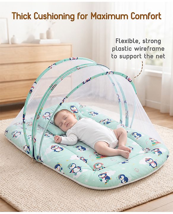 Babyhug Premium 100% Cotton Mattress Set with Mosquito Net & Pillow  Transport Print Blue| Soft Cushioned Bedding | 0-12 Months| New Born Essential| Easy Zipper Closure| Foldable & Travel-Friendly