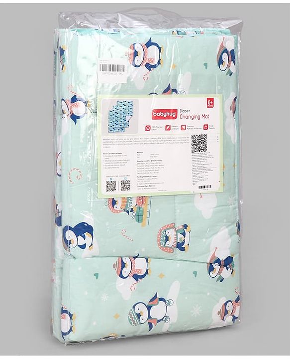 Babyhug Diaper Changing Mat Set of 3 with Removable Waterproof Dry Sheet Penguin Print -Green| Soft & Breathable| Absorbent Top Layer| Leakproof| Reusable| Quick Dry| Travel Friendly| Machine Washable
