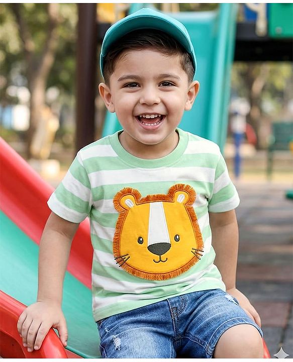 Babyhug Cotton Knit Half Sleeves Striped T-Shirt With Lion Graphics - White & Light Green