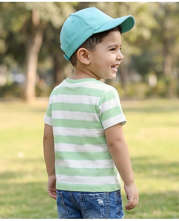 Babyhug Cotton Knit Half Sleeves Striped T-Shirt With Lion Graphics - White & Light Green
