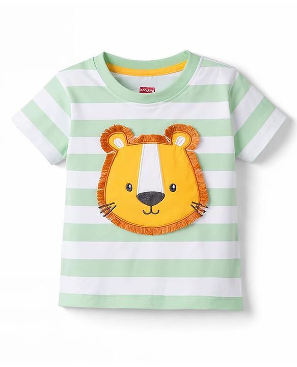 Babyhug Cotton Knit Half Sleeves Striped T-Shirt With Lion Graphics - White & Light Green