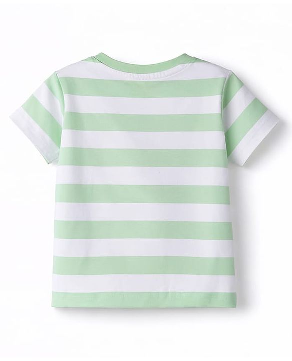 Babyhug Cotton Knit Half Sleeves Striped T-Shirt With Lion Graphics - White & Light Green