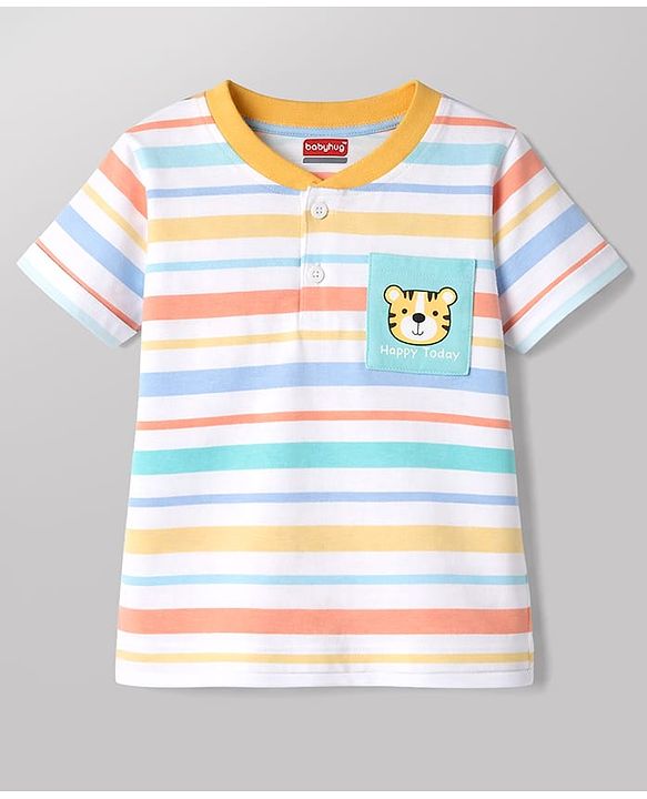 Babyhug Cotton Knit T-Shirt Half Sleeves Striped Henley Tee with Graphics Multi Color 9-12 Months