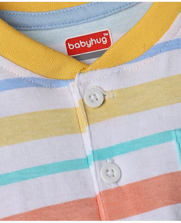Babyhug Cotton Knit T-Shirt Half Sleeves Striped Henley Tee with Graphics Multi Color 9-12 Months