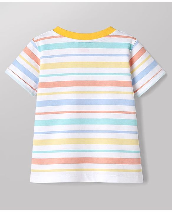 Babyhug Cotton Knit T-Shirt Half Sleeves Striped Henley Tee with Graphics Multi Color 9-12 Months