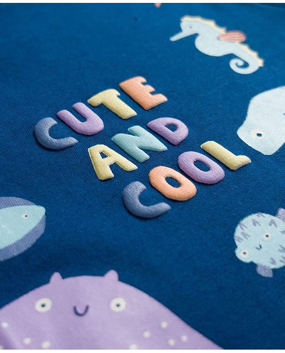 Babyhug Cotton Knit Sleeveless T-Shirt With Sea Animals Print - Navy Blue