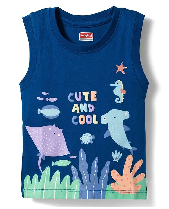 Babyhug Cotton Knit Sleeveless T-Shirt With Sea Animals Print - Navy Blue