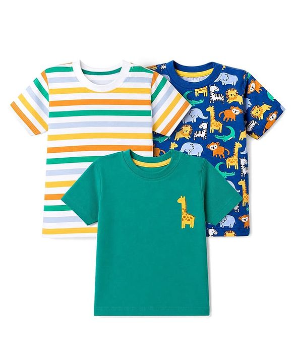 Babyhug Cotton Knit Half Sleeves T-Shirts with Animal & Striped Print Pack of 3 - Blue Turquoise & White