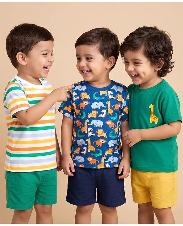 Babyhug Cotton Knit Half Sleeves T-Shirts with Animal & Striped Print Pack of 3 - Blue Turquoise & White