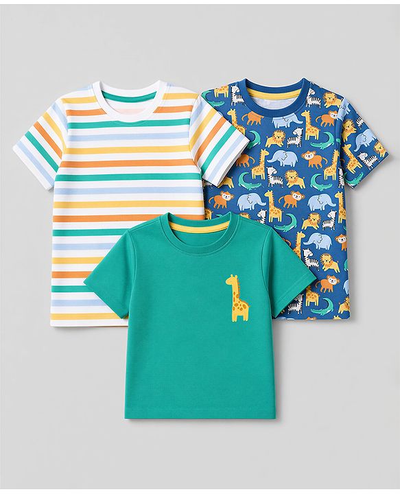 Babyhug Cotton Knit Half Sleeves T-Shirts with Animal & Striped Print Pack of 3 - Blue Turquoise & White
