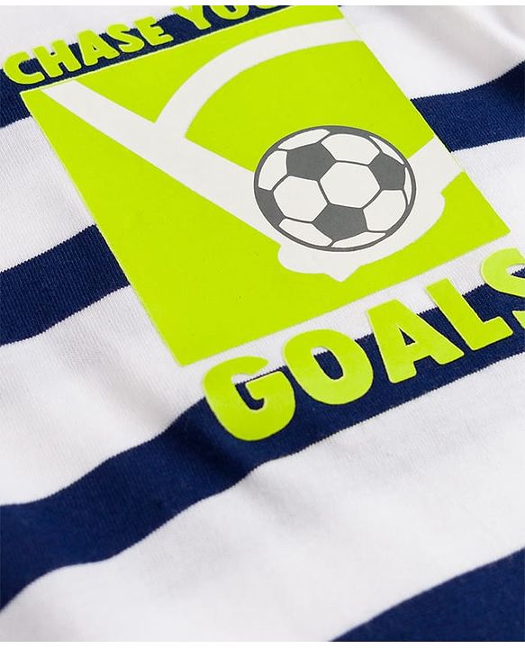 Babyhug Cotton Knit Half Sleeves Striped T-Shirt With Football Print - White & Navy Blue