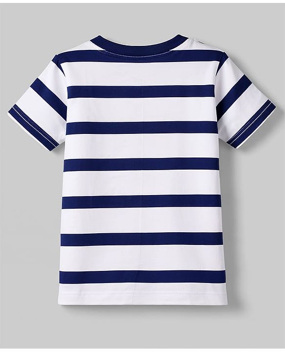 Babyhug Cotton Knit Half Sleeves Striped T-Shirt With Football Print - White & Navy Blue