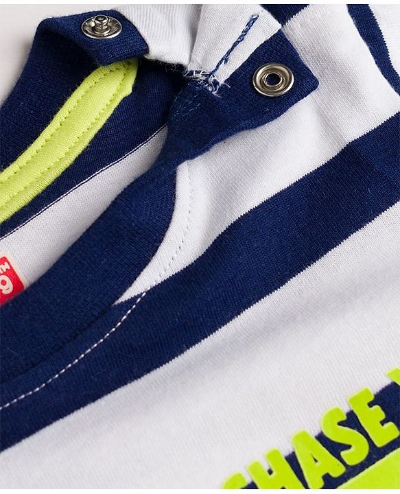 Babyhug Cotton Knit Half Sleeves Striped T-Shirt With Football Print - White & Navy Blue