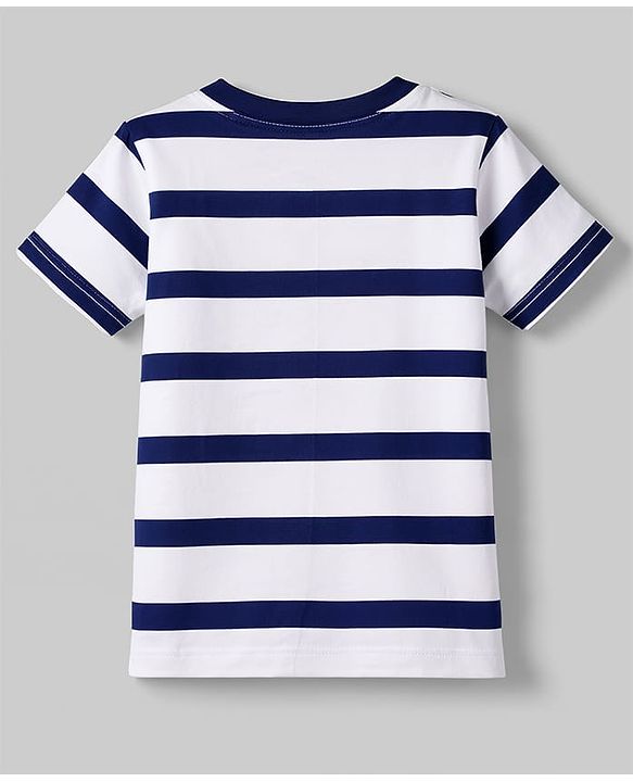 Babyhug Cotton Knit Half Sleeves Striped T-Shirt With Football Print - White & Navy Blue