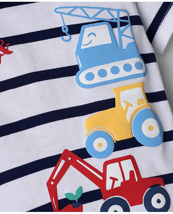 Babyhug Cotton Knit Half Sleeves Striped T-Shirt with Vehicle Print - Multicolor