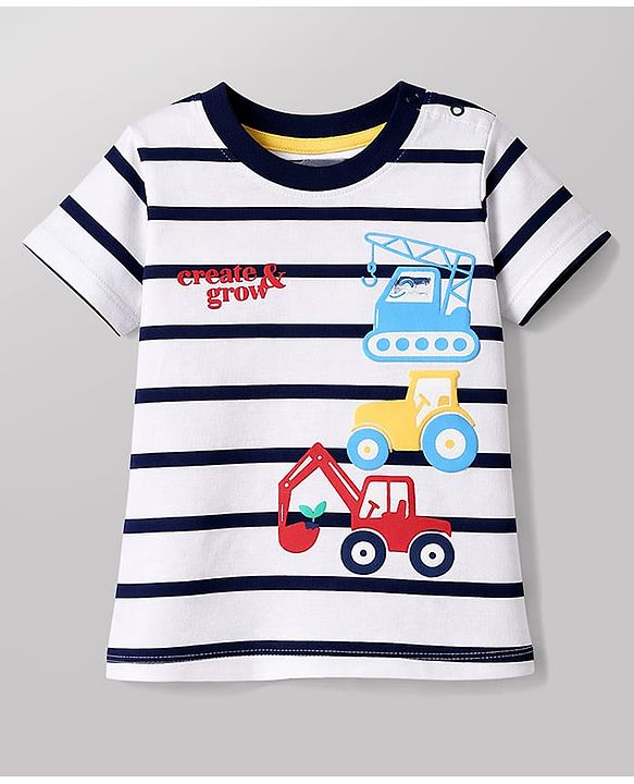 Babyhug Cotton Knit Half Sleeves Striped T-Shirt with Vehicle Print - Multicolor