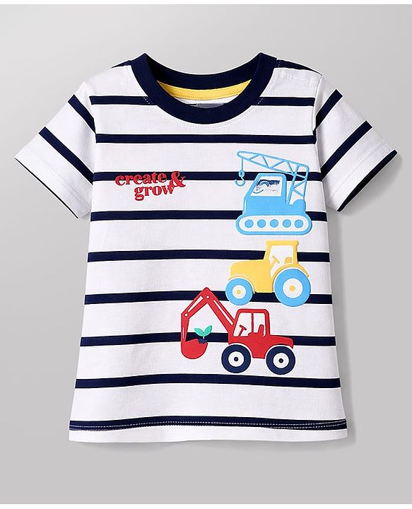 Babyhug Cotton Knit Half Sleeves Striped T-Shirt with Vehicle Print - Multicolor