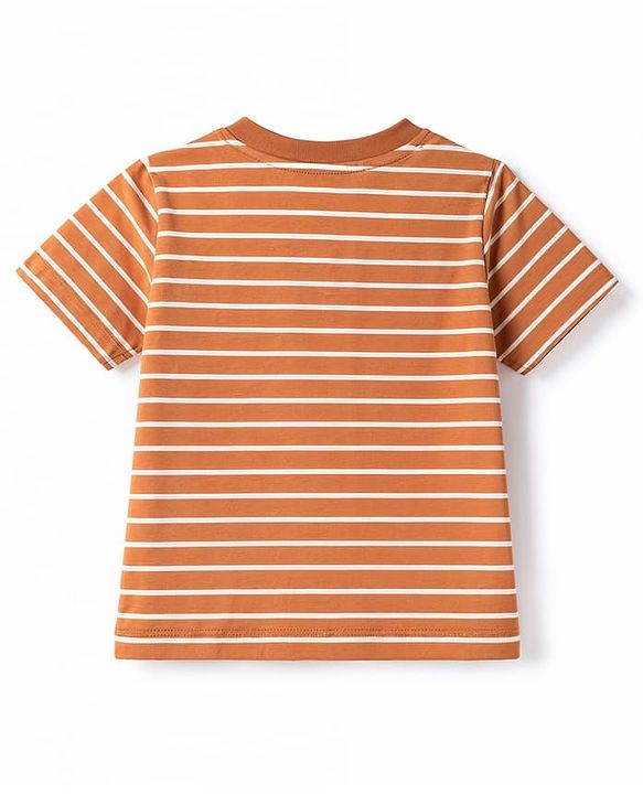 Babyhug 100% Cotton Knit T-Shirts Half Sleeves Striped Henley With Tiger Patch - Orange