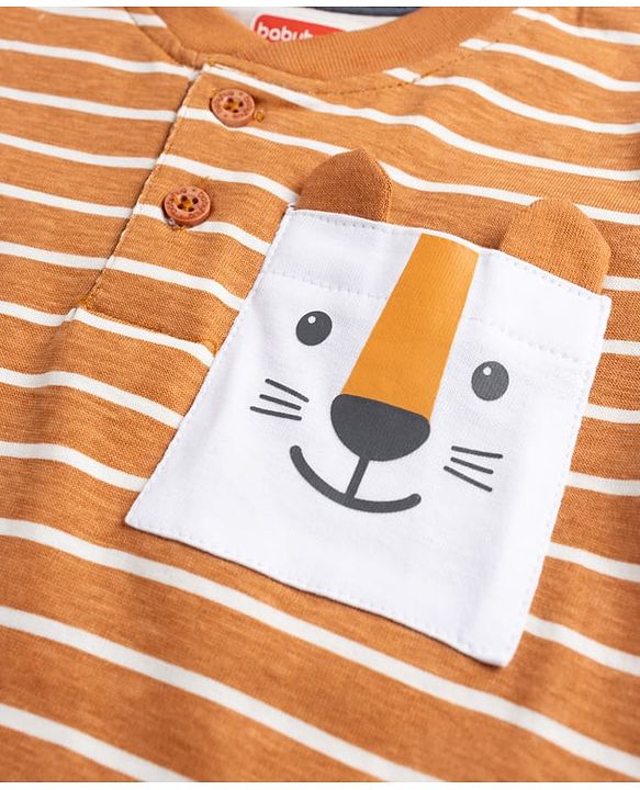 Babyhug 100% Cotton Knit T-Shirts Half Sleeves Striped Henley With Tiger Patch - Orange
