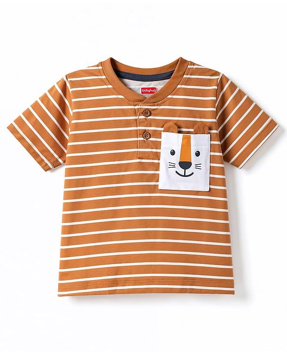 Babyhug 100% Cotton Knit T-Shirts Half Sleeves Striped Henley With Tiger Patch - Orange