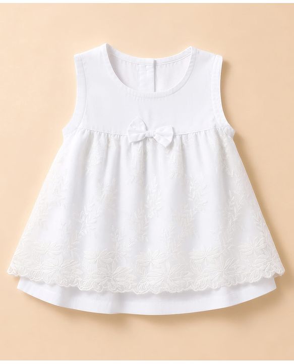 Babyhug Cotton Woven  Sleeveless Self Embroidered Solid Colour Top and Pant Set - White