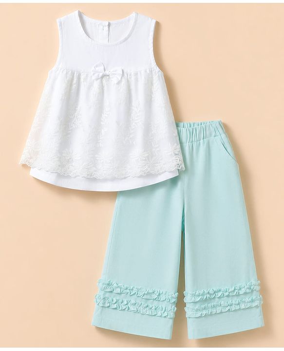 Babyhug Cotton Woven  Sleeveless Self Embroidered Solid Colour Top and Pant Set - White