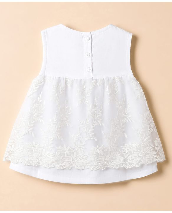 Babyhug Cotton Woven  Sleeveless Self Embroidered Solid Colour Top and Pant Set - White