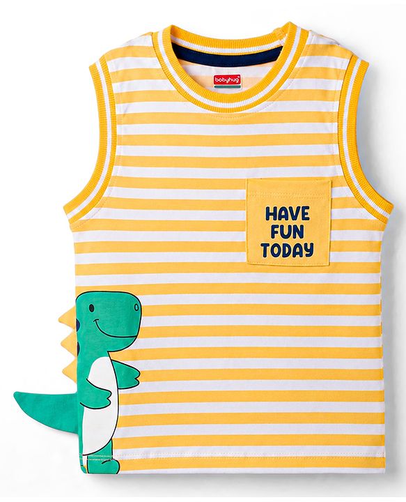Babyhug Cotton Knit Sleeveless Striped T-Shirt with Graphic Print Multi Color 9-12 Months
