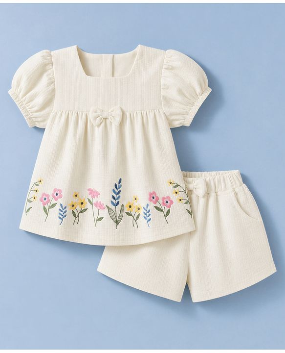 Babyhug 100% Cotton Single Jersey Knit Half Sleeves Top & Shorts With Floral Embroidery & Bow Applique - White