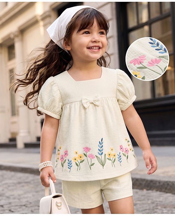 Babyhug 100% Cotton Single Jersey Knit Half Sleeves Top & Shorts With Floral Embroidery & Bow Applique - White