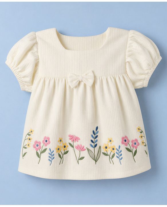 Babyhug 100% Cotton Single Jersey Knit Half Sleeves Top & Shorts With Floral Embroidery & Bow Applique - White