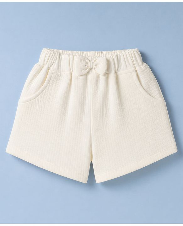 Babyhug 100% Cotton Single Jersey Knit Half Sleeves Top & Shorts With Floral Embroidery & Bow Applique - White