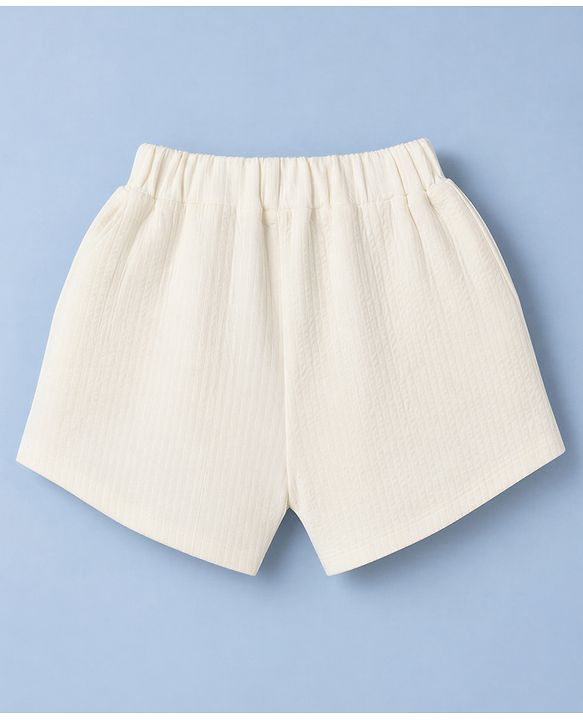 Babyhug 100% Cotton Single Jersey Knit Half Sleeves Top & Shorts With Floral Embroidery & Bow Applique - White