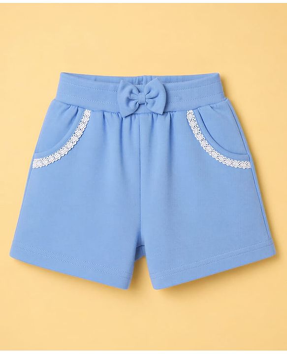 Babyhug Single Jersey Knit Half Frill Sleeves Floral Printed Top & Shorts Set With Lace Detailing - White & Light Blue