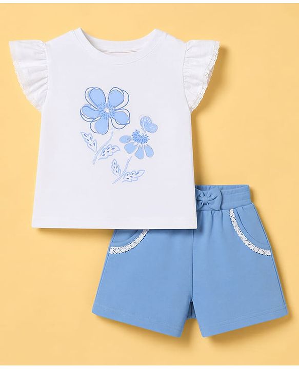 Babyhug Single Jersey Knit Half Frill Sleeves Floral Printed Top & Shorts Set With Lace Detailing - White & Light Blue